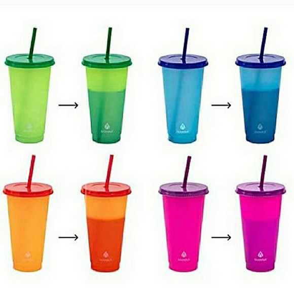 New 4 - 24oz. Color Changing Reusable Plastic Cold Cups W / Lids and Straws - Picture 3 of 3